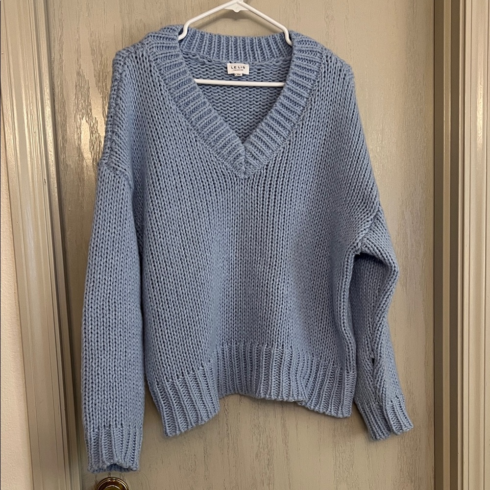 Le Lis Sky Blue V-Neck Oversized Chunky Knit Sweater